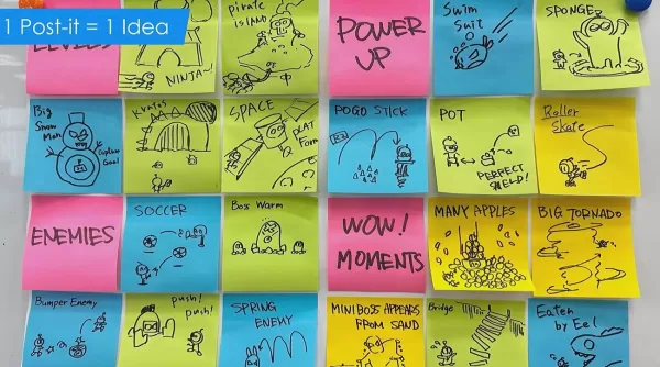 Another slide from the talk, showing sticky note brainstorms from Team Asobi.