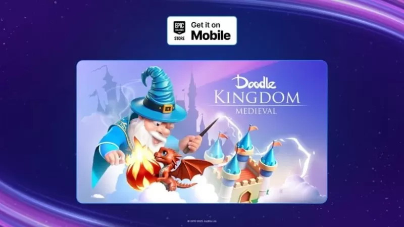 Doodle Kingdom Promotional Bild zeigt einen Zauberer, der seinen Zauberstab auf einen Drachen schwenkte