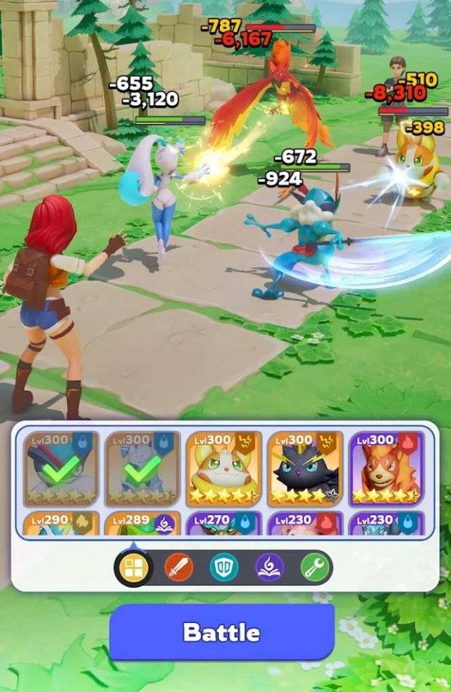 A trainer commanding creatures in combat against wild monsters