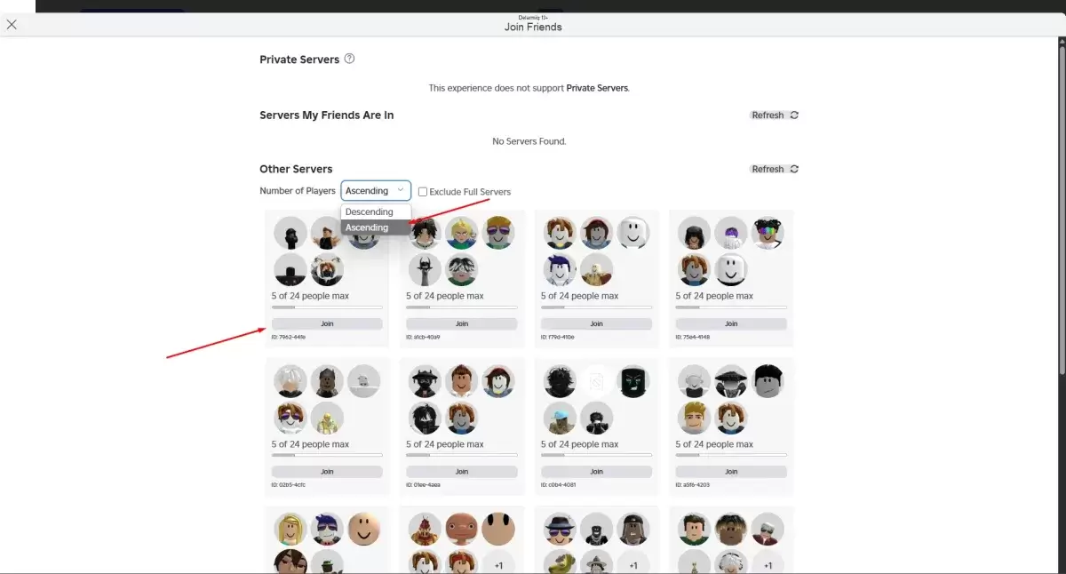 Menu de seleção do servidor Roblox Blockspin