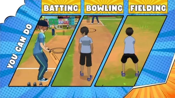 Zrzut ekranu rozgrywki w Gully Gangs: Street Cricket pokazujący mrugnięcie, kręgle i pola w akcji