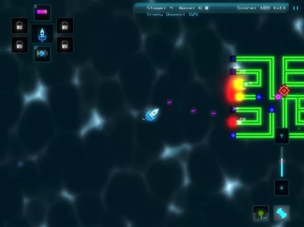 Isang screenshot ng alien core sa pagkilos na nagpapakita ng isang kumikinang na barko na sumasabog ng isang serye ng mga berdeng tubo